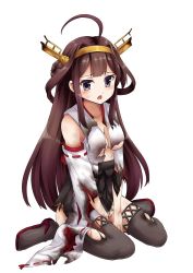 Rule 34 | 10s, 1girl, ahoge, bassa, black eyes, blush, breasts, brown hair, brown thighhighs, burnt clothes, cleavage, damaged, detached sleeves, dirty, dirty clothes, dirty face, double bun, full body, hair bun, kantai collection, kongou (kancolle), kongou kai ni (kancolle), long hair, looking at viewer, medium breasts, nontraditional miko, open mouth, ribbon-trimmed sleeves, ribbon trim, simple background, sitting, skirt, solo, thighhighs, torn clothes, torn skirt, torn thighhighs, underboob, v arms, wariza, white background
