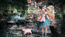 Rule 34 | 1girl, animal, blonde hair, blue eyes, blue footwear, bow, bowtie, braid, building, car, cat, city, closed umbrella, commentary request, dress, hair ribbon, hat, hat bow, hat ribbon, highres, holding, jean popo, long hair, looking away, motor vehicle, original, outdoors, puffy short sleeves, puffy sleeves, ribbon, road, rolling suitcase, shoes, short sleeves, socks, solo, standing, street, suitcase, sun hat, umbrella, white cat, white hat, wrist ribbon