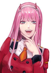Rule 34 | 1girl, artist request, bad hands, blue eyes, breasts, darling in the franxx, hair ornament, hair through headwear, highres, horns, jacket, long hair, medium breasts, orange neckwear, pink hair, red jacket, shirt, smile, solo, upper body, white background, white shirt, zero two (darling in the franxx)
