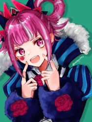 Rule 34 | 1girl, blue dress, blunt bangs, dress, facial mark, fingers to cheeks, fire emblem, fire emblem engage, flower, hair rings, heart, heart facial mark, hortensia (fire emblem), long sleeves, mesay1096, multicolored hair, nintendo, open mouth, pink eyes, pink hair, rose, solo, striped clothes, striped dress, teeth, twitter username, two-tone hair, upper body, upper teeth only, vertical-striped clothes, vertical-striped dress