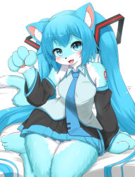 Rule 34 | 1girl, animal ear fluff, animal ears, barefoot, black skirt, black sleeves, blue eyes, blue hair, blue necktie, blush, breasts, cat ears, cat girl, cat tail, commentary request, dated, detached sleeves, fangs, foot out of frame, furrification, furry, furry female, grey shirt, hatsune miku, highres, horokusa (korai), long hair, long sleeves, looking at viewer, medium bangs, medium breasts, necktie, open mouth, pleated skirt, shirt, sitting, skirt, sleeveless, sleeveless shirt, smile, solo, tail, very long hair, vocaloid