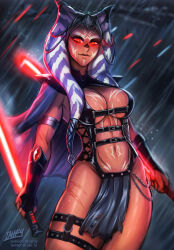 Rule 34 | 1girl, ahsoka tano, alien, breasts, cleavage, dual wielding, glowing, glowing eyes, holding, holding lightsaber, iahfy, large breasts, lightsaber, looking at viewer, pelvic curtain, rain, red eyes, red lightsaber, revealing clothes, reverse grip, sith, solo, star wars, togruta