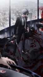 Rule 34 | 1girl, 2 blankk, black jacket, black necktie, black pants, black skirt, blood, blood on clothes, blood splatter, bloody weapon, chainsaw man, cityscape, collared shirt, corpse, death, eyepatch, formal, grey hair, highres, holding, holding sword, holding weapon, jacket, katana, long hair, necktie, pants, pantyhose, ponytail, quanxi (chainsaw man), sheath, shirt, shirt tucked in, skirt, solo focus, suit, suit jacket, sword, weapon, white shirt, window
