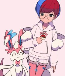 Rule 34 | 1girl, alternate color, blue hair, blush, closed mouth, commentary request, creatures (company), game freak, gen 6 pokemon, glasses, grey eyes, highres, hood, hoodie, long sleeves, multicolored hair, nintendo, pantyhose, penny (pokemon), pink pantyhose, poke ball print, pokemon, pokemon (creature), pokemon masters ex, red hair, round eyewear, see-through, see-through skirt, short hair, shorts, shorts under skirt, skirt, sylveon, two-tone hair, tyako 089, white shorts