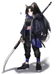 Rule 34 | 1girl, adapted costume, alternate hairstyle, animal ears, arknights, black footwear, black hair, black jacket, black pants, black shirt, brown eyes, crop top, dog ears, dog girl, dog tail, facial mark, forehead mark, full body, hand in pocket, highres, holding, holding polearm, holding weapon, hood, hood down, hooded jacket, horn/wood, jacket, long hair, looking at viewer, midriff, naginata, open clothes, open jacket, pants, polearm, ponytail, saga (arknights), shadow, shirt, shoes, simple background, smile, solo, tail, very long hair, weapon, white background