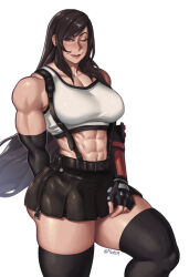 Rule 34 | 1girl, abs, belt, brown hair, elbow gloves, final fantasy, final fantasy vii, final fantasy vii remake, gloves, highres, long hair, mootium, muscular, muscular female, one eye closed, red eyes, skirt, solo, suspender skirt, suspenders, tank top, thick thighs, thighhighs, thighs, tifa lockhart, white background, white tank top
