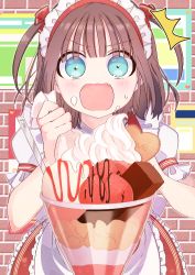 Rule 34 | 1girl, absurdres, apron, blue eyes, blush, bow, brick wall, brown hair, commentary request, cream, cream on face, fang, food, food on face, frilled apron, frilled skirt, frills, hair bow, hands up, heart, highres, holding, open mouth, parfait, pastry bag, puffy short sleeves, puffy sleeves, red bow, red skirt, short sleeves, skirt, sofra, solo, ^^^, sweat, two side up, v-shaped eyebrows, waist apron, white apron