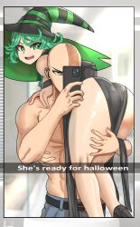 Rule 34 | 1boy, 1girl, abs, absurdres, ass, bald, bare legs, bare shoulders, biceps, blush, breasts, carrying, curly hair, english text, face in ass, grabbing, grabbing from behind, green eyes, green hair, halloween, halloween costume, hat, hetero, highres, holding, holding phone, huge ass, jerbeartraveler, leotard, looking at viewer, looking back, medium breasts, mirror image, muscular, muscular male, one-punch man, open mouth, phone, pumpkin, saitama (one-punch man), selfie, serious, sideboob, snapchat, standing, tatsumaki, topless male, witch