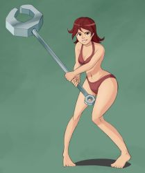 Rule 34 | 1girl, armor, armpits, ass, barefoot, bra, breasts, broken armor, brown bra, brown eyes, brown panties, capcom, cleavage, clenched hands, collarbone, eyelashes, feet, female focus, fighting stance, fingernails, full body, gameplay mechanics, gluteal fold, green background, happy, holding, holding wrench, iloveladies2, leaning forward, looking at viewer, makaimura, matching underwear, medium breasts, medium hair, midriff, navel, neck, orange hair, own hands together, panties, parted bangs, parted lips, pigeon-toed, shiny skin, side bangs, sidelocks, simple background, smile, spread toes, standing, tinker (makaimura), toenails, toes, tomboy, underwear, underwear only, wrench