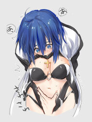 Rule 34 | ahoge, bikini, black bikini, black panties, blue eyes, blue hair, blush, breasts, ciel (tsukihime), cross, cross necklace, grabbing another&#039;s stomach, highres, jewelry, large breasts, looking down, navel, necklace, open clothes, panties, short hair, squishing, swimsuit, to ri ri11, tsukihime, underwear