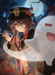 Rule 34 | 1girl, black hat, black nails, blue fire, boo tao (genshin impact), breasts, brown coat, brown hair, brown shorts, bug, butterfly, chinese clothes, coat, colored tips, commentary request, cowboy shot, fang, fire, flower, flower-shaped pupils, from side, full moon, genshin impact, ghost, gradient hair, grin, hair between eyes, hair flaps, hand on own hip, hand up, hat, hat flower, highres, hu tao (genshin impact), insect, jewelry, leaning forward, long hair, long sleeves, looking at viewer, looking to the side, medium breasts, moon, multicolored hair, multiple rings, nail polish, night, outdoors, plum blossoms, porkpie hat, red eyes, ring, short shorts, shorts, sidelocks, smile, solo, symbol-shaped pupils, tassel, tree, twintails, very long hair, yktori