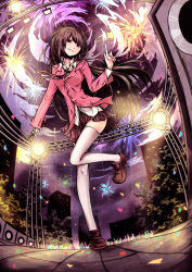 Rule 34 | 1girl, absurdres, black hair, city, fang, fireworks, full body, glowstick, highres, hourai no hangentsuki, loafers, long hair, looking at viewer, magic, microphone, multicolored eyes, original, outdoors, pink eyes, school uniform, shoes, short hair, smile, solo, speaker, stage, stage lights, standing, standing on one leg, thighhighs, tile floor, tiles, white thighhighs, yellow eyes, zettai ryouiki