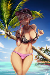 Rule 34 | 1girl, ;), absurdres, arms at sides, baseball cap, beach, bikini, bikini tan, blonde hair, blue eyes, blue sky, blush, breasts, bubble tea, cameltoe, cleavage, collarbone, commentary, cup, curvy, dappled sunlight, day, disposable cup, drinking straw, ear piercing, earrings, english commentary, eru-sennin, eyelashes, front-tie bikini top, front-tie top, hair between eyes, hair ornament, hairclip, hat, highres, jewelry, large breasts, leaning forward, legs together, lips, lipstick, looking at viewer, makeup, maki (eru), mismatched bikini, nail polish, navel, navel piercing, ocean, one eye closed, original, palm tree, parted lips, piercing, pink bikini, pink nails, short hair, sky, smile, solo, standing, strap gap, striped bikini, striped bikini top, striped clothes, summer, sunlight, sweat, swimsuit, tan, tanline, tree