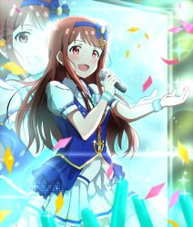 Rule 34 | 10s, 1girl, :d, blush, brown eyes, brown hair, confetti, cowboy shot, dars (recolors), glowstick, grateful blue (idolmaster), hairband, holding, holding microphone, idol, idolmaster, idolmaster million live!, jumbotron, lens flare, long hair, microphone, monitor, music, official art, open mouth, singing, smile, solo, sparkle, tanaka kotoha, zoom layer