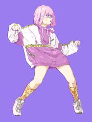 Rule 34 | 1girl, artist request, blue-tinted eyewear, blue-tinted glasses, bob cut, dancing, female focus, gridman universe, highres, jacket, long sleeves, looking to the side, multicolored clothes, multicolored jacket, no pants, pink eyes, purple background, purple hair, purple jacket, shinjou akane, shoes, short hair, simple background, socks, solo, ssss.gridman, sunglasses, tagme, thighs, tinted eyewear, white jacket, zipper pull tab