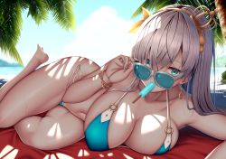 Rule 34 | 1girl, adjusting eyewear, adjusting glasses, anastasia (fate), aqua eyes, backlighting, bikini, blue-tinted eyewear, blue-tinted glasses, blue bikini, bracelet, breasts, cleavage, collarbone, commentary, commentary request, day, earrings, fate/grand order, fate (series), food, hair ornament, jewelry, large breasts, long hair, looking at viewer, looking over eyewear, looking over glasses, lying, mouth hold, navel, o-ring, o-ring bikini, on side, palm tree, popsicle, silver hair, solo, sunglasses, swimsuit, tinted eyewear, tree, zukky