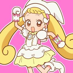 Rule 34 | 1girl, :d, arm up, blonde hair, brown eyes, commentary request, dress, earrings, gloves, hat, high heels, jewelry, long hair, looking at viewer, magical girl, makihatayama hana, ojamajo doremi, open mouth, outline, pink background, puffy short sleeves, puffy sleeves, short sleeves, simple background, smile, snsk1875, solo, standing, standing on one leg, twintails, very long hair, white dress, white footwear, white gloves, white hat, white outline, wing hair ornament