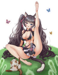 Rule 34 | 1girl, absurdres, animal ears, bare shoulders, bikini, black bikini, black gloves, breasts, brown hair, cat ears, cat girl, chest harness, covering privates, covering crotch, cowboy shot, detached collar, fingerless gloves, gloves, goddess of victory: nikke, hair between eyes, hair intakes, hair ornament, hair ribbon, hairclip, harness, heterochromia, highres, kjn123k, leg up, licking, light blush, long hair, looking at viewer, medium breasts, navel, nero (nikke), pouch, purple eyes, red eyes, ribbon, saliva, saliva trail, sidelocks, simple background, sitting, skindentation, solo, string bikini, swimsuit, tongue, tongue out, twintails, white background