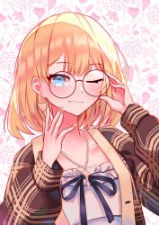 Rule 34 | 1girl, absurdres, blonde hair, blue eyes, bob cut, brown coat, coat, earrings, unworn eyewear, floral background, flower, frills, glasses, hands on own face, heart, heart earrings, highres, holding, holding removed eyewear, hololive, hololive english, jewelry, key, key necklace, long sleeves, looking at viewer, necklace, one eye closed, round eyewear, shirt, short hair, single earring, smile, solo, teeth, upper body, virtual youtuber, watson amelia, watson amelia (street casual), white shirt, yumesphere