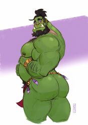 Rule 34 | 1boy, absurdres, ass, ass hair, bara, beard, belly, blush, chest hair, colored skin, cropped legs, facial hair, feathers, from behind, green skin, high ponytail, highres, huge ass, large pectorals, male focus, male pubic hair, mature male, monster boy, muscular, muscular male, nipple piercing, nipple rings, orc, original, pectorals, piercing, pubic hair, short hair, solo, standing, thick eyebrows, thick thighs, thighs, toasty buns, topless male, tusks