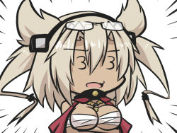 Rule 34 | 10s, 1girl, 3 3, blonde hair, breast hold, breasts, cape, chibi, collar, commentary request, crossed arms, dark-skinned female, dark skin, eyewear on head, glasses, goma (gomasamune), hair between eyes, hair flaps, hair ornament, headgear, kantai collection, large breasts, looking for glasses, musashi (kancolle), open mouth, sarashi, sketch, solo, squinting, twintails