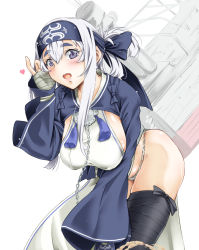 Rule 34 | 10s, 1girl, ainu clothes, black thighhighs, blue eyes, breasts, female pubic hair, folded ponytail, hair between eyes, headband, heart, highres, kamoi (kancolle), kantai collection, large breasts, long hair, long sleeves, machinery, open mouth, pubic hair, solo, thick eyebrows, thighhighs, tsukineko, white background, white hair