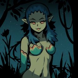 Rule 34 | 1girl, akairiot, black hair, breasts, breasts apart, colored sclera, colored skin, elbow gloves, gloves, grass, green gloves, green skin, looking at viewer, medium breasts, navel, night, night sky, open mouth, original, outdoors, plant, pointy ears, red eyes, shaded face, sidelocks, sky, smile, solo, star (sky), starry sky, upper body, veizla (akairiot), yellow sclera