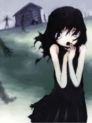 Rule 34 | 1girl, black eyes, black hair, child, creepy, ghost, grass, horror (theme), house, kikai (akita morgue), solo