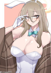 Rule 34 | 1girl, adjusting eyewear, akane (blue archive), akane (bunny) (blue archive), animal ears, aqua bow, aqua bowtie, arm up, bare shoulders, blue archive, blush, bow, bowtie, breasts, brown eyes, cleavage, closed mouth, detached collar, fake animal ears, glasses, gloves, halo, highres, large breasts, leotard, light brown hair, light smile, lips, long hair, looking at viewer, mechanical halo, official alternate costume, playboy bunny, rabbit ears, simple background, solo, traditional bowtie, twitter username, upper body, white gloves, white leotard, wuwuwu (kriswu555)
