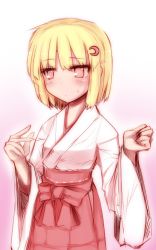 Rule 34 | 1girl, alternate costume, blonde hair, blush, cosplay, crescent, crescent hair ornament, female focus, hair ornament, japanese clothes, kazetto, lunasa prismriver, miko, red eyes, short hair, simple background, sketch, solo, touhou