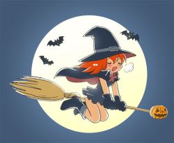 Rule 34 | 1girl, bat (animal), blush, boots, broom, broom riding, cape, full moon, gloves, hat, jack-o&#039;-lantern, kabiinyo (kab), moon, night, open mouth, original, outdoors, panties, pantyshot, pumpkin, red hair, riding, sexually suggestive, simple background, solo, straddling, underwear, witch, witch hat