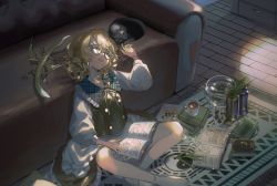 Rule 34 | 1girl, apron, bespectacled, black cat, black skirt, black vest, blonde hair, book, book stack, carpet, cat, checkerboard cookie, commentary request, cookie, couch, cup, dragon, drawer, fern, food, full body, glasses, highres, indian style, indoors, kirisame marisa, long sleeves, maitenn03, medium hair, neck ribbon, no headwear, open book, open mouth, ribbon, round eyewear, shirt, sitting, skirt, socks, solo, tea, touhou, vase, vest, waist apron, white apron, white shirt, white socks, yin yang, yin yang print
