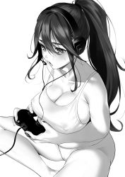 Rule 34 | 1girl, absurdres, bare shoulders, blush, breasts, cleavage, commentary request, controller, game controller, greyscale, hair between eyes, headset, highres, large breasts, long hair, monochrome, open mouth, original, panties, ponytail, sitting, sleeveless, solo, thighs, toro tarou, underwear