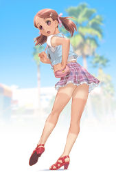 Rule 34 | 1girl, brown eyes, brown hair, building, hair ornament, hair ribbon, hairclip, high heels, highres, kneepits, legs, looking at viewer, looking back, low twintails, open mouth, open shoes, original, plaid, plaid skirt, pouch, ribbon, shoes, short hair, skirt, solo, sweater vest, tan, tanline, tree, twintails, ueyama michirou