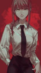 Rule 34 | 1girl, absurdres, arm at side, arm behind back, bad id, bad pixiv id, black necktie, black pants, bottomless, braid, braided ponytail, breasts, brown hair, business suit, chainsaw man, collared shirt, expressionless, formal, high-waist pants, highres, looking at viewer, makima (chainsaw man), medium hair, necktie, neckwear request, pants, red background, ringed eyes, shirt, shirt tucked in, simple background, solo, suit, unknown0791, white shirt, yellow eyes