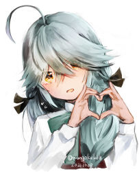 Rule 34 | 1girl, ahoge, black ribbon, blue neckwear, braid, brown eyes, commentary request, grey hair, hair over eyes, hair ribbon, halterneck, hamanami (kancolle), heart, heart hands, highres, kangoku kou, kantai collection, long hair, long sleeves, looking at viewer, ribbon, school uniform, shirt, simple background, single braid, solo, upper body, white background, white shirt