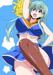 Rule 34 | 10s, 1girl, aqua hair, blush, breasts, brown thighhighs, cheerleader, covered erect nipples, green eyes, hair ornament, hairclip, kantai collection, large breasts, long hair, midriff, mikagami sou, navel, open mouth, panties, pantyshot, pom pom (cheerleading), skirt, smile, solo, suzuya (kancolle), thighhighs, underwear, upskirt