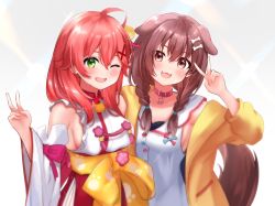 Rule 34 | 2girls, :d, ;d, ahoge, animal ears, bell, blush, bone hair ornament, breasts, brown eyes, brown hair, commentary request, detached sleeves, dog ears, dog tail, dress, extra ears, fangs, green eyes, hair bell, hair between eyes, hair ornament, highres, hololive, inugami korone, inugami korone (1st costume), jacket, jingle bell, long hair, long sleeves, looking at viewer, medium breasts, multiple girls, one eye closed, open clothes, open jacket, open mouth, paw print, red eyes, red skirt, sakura miko, sakura miko (1st costume), sash, shirt, skirt, sleeveless, sleeveless dress, smile, tail, takumin dx, upper body, v, virtual youtuber, white dress, white shirt, yellow jacket, yellow sash