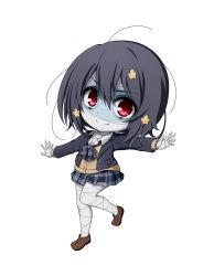 Rule 34 | 10s, 1girl, ahoge, bandaged hand, bandaged head, bandaged leg, bandages, black hair, black jacket, blazer, blue skirt, brown cardigan, brown flower, brown footwear, cardigan, chibi, collared shirt, commentary request, flower, full body, hair between eyes, hair flower, hair ornament, head tilt, highres, jacket, kuena, loafers, mizuno ai, open clothes, open jacket, plaid, plaid skirt, pleated skirt, red eyes, shirt, shoes, simple background, skirt, solo, standing, standing on one leg, white background, white shirt, zombie, zombie land saga