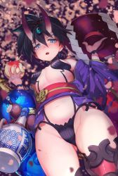 Rule 34 | 1girl, absurdres, apple, bad id, bad twitter id, black hair, blue eyes, blush, breasts, cherry blossoms, cosplay, cup, fate/grand order, fate (series), food, forehead jewel, from below, fruit, genderswap, genderswap (mtf), gluteal fold, gourd, hair between eyes, headgear, highres, horns, houshin engi, japanese clothes, kimono, long sleeves, looking at viewer, mimoza (96mimo414), navel, nose blush, obi, open clothes, open kimono, open mouth, petals, purple kimono, revealing clothes, sakazuki, sash, short hair, short kimono, shuten douji (fate), shuten douji (fate) (cosplay), sideboob, skin-covered horns, small breasts, solo, taikoubou, thighhighs, wide sleeves