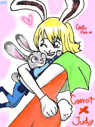 Rule 34 | 2girls, animal ears, artist request, blonde hair, rabbit, carrot, carrot (one piece), crossover, disney, furry, furry female, glomp, heart, hug, judy hopps, multiple girls, one eye closed, one piece, open mouth, police, police uniform, policewoman, rabbit ears, rabbit tail, short hair, simple background, smile, tail, uniform, zootopia