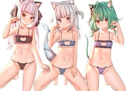 Rule 34 | 3girls, ahoge, animal ear fluff, animal ears, bare legs, barefoot, black bra, black panties, black ribbon, blue bra, blue panties, blunt bangs, blush, bra, breasts, cat cutout, cat ears, cat lingerie, cleavage cutout, closed mouth, clothing cutout, fins, fish tail, frilled bra, frills, gawr gura, green hair, groin, hair ribbon, hand on another&#039;s thigh, hand on own thigh, highres, hololive, hololive english, kneeling, long hair, looking at viewer, meme attire, multiple girls, murasaki shion, navel, panties, parted lips, paw pose, purple bra, purple panties, ray peng, red eyes, ribbon, shark tail, silver hair, simple background, small breasts, smile, stomach, tail, twintails, two side up, underwear, underwear only, uruha rushia, virtual youtuber, white background
