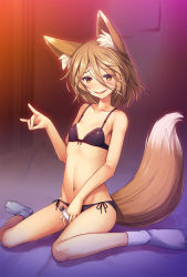 Rule 34 | 1girl, animal ear fluff, animal ears, bare shoulders, black bra, black panties, bra, breasts, brown eyes, brown hair, chima q, collarbone, commentary request, corked bottle, fox ears, fox girl, fox shadow puppet, fox tail, groin, hair between eyes, heart, highres, holding, holding test tube, kudamaki tsukasa, looking at viewer, navel, no shoes, panties, parted lips, short hair, side-tie panties, simple background, sitting, small breasts, smile, socks, solo, stomach, tail, test tube, textless version, touhou, translated, underwear, underwear only, wariza, white socks