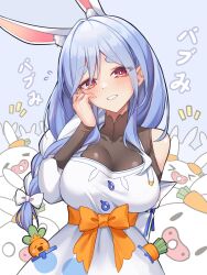 Rule 34 | 1girl, animal ear fluff, animal ears, apron, blue hair, blush, braid, breasts, highres, hololive, large breasts, long hair, looking at viewer, mature female, multicolored hair, multiple girls, pekomama, rabbit ears, rabbit girl, red eyes, short eyebrows, smile, solo, thick eyebrows, virtual youtuber, white hair, z.m. (zimin)