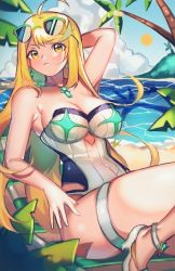 Rule 34 | 1girl, arm behind head, beach, blonde hair, breasts, chest jewel, cleavage, day, high heels, highres, jewelry, large breasts, long hair, looking at viewer, mythra (radiant beach) (xenoblade), mythra (xenoblade), nintendo, one-piece swimsuit, outdoors, palm tree, pumps, solo, strapless, strapless one-piece swimsuit, swept bangs, swimsuit, thigh strap, tiara, tree, twitter username, white one-piece swimsuit, xenoblade chronicles (series), xenoblade chronicles 2, yagi (kyuhyun), yellow eyes