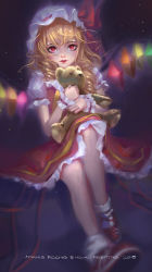 Rule 34 | 1girl, absurdres, artist name, blonde hair, blurry, bow, closed eyes, commentary, commentary request, cup, dated, depth of field, dress, embodiment of scarlet devil, english commentary, english text, flandre scarlet, hat, hat bow, hat ribbon, highres, hugging object, looking at viewer, mars foong, mixed-language commentary, mob cap, pink eyes, puffy short sleeves, puffy sleeves, red bow, red dress, red footwear, red ribbon, ribbon, short sleeves, side ponytail, solo, teacup, touhou, white hat, wrist cuffs