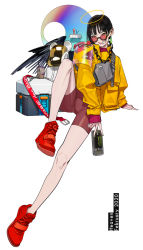 Rule 34 | 1girl, absurdres, bag, bird wings, black hair, black wings, box, can, chain, collar, dated, drink, ear piercing, earrings, energy drink, english text, full body, green nails, grey bag, grey eyes, halo, heaven, highres, holding, holding can, jacket, jewelry, leg up, long sleeves, looking at viewer, loot box, mask, medium hair, mole, mole under eye, monster energy, nail polish, oguchi, open mouth, original, piercing, pink shorts, red footwear, shoelaces, shoes, shorts, simple background, sitting, smile, sneakers, solo, teeth, tin can, v, white background, wings, yellow jacket