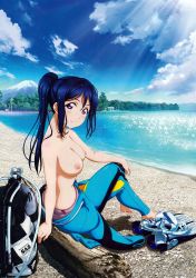 Rule 34 | 10s, 1girl, absurdres, artist request, barefoot, beach, blue hair, bodysuit, cloud, diving mask, diving suit, feet, fins, goggles, highres, leaf print, logo, love live!, love live! school idol festival, love live! sunshine!!, matsuura kanan, mountain, nipples, no bra, nude filter, oxygen tank, purple eyes, snorkel, solo, swimsuit, third-party edit, tree, water, wetsuit, wood