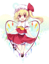 Rule 34 | 1girl, ascot, blonde hair, blush, dress, fang, flandre scarlet, happy, hat, izumi rei, mary janes, open mouth, red dress, red eyes, ribbon, shoes, side ponytail, smile, socks, solo, touhou, wings