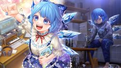 Rule 34 | 1girl, alcohol, barefoot, blue eyes, blue nails, blue skirt, book, box, capelet, cirno, clenched hand, computer, depressed, drinking, dual persona, headphones, highres, holding, holding book, ice, ice wings, instrument, keyboard (computer), keyboard (instrument), koufukutei yumeko, long sleeves, monitor, nail polish, pants, red neckwear, shelf, shirt, short hair, short sleeves, sitting, skirt, speaker, strong zero, sweatpants, sweater, table, touhou, wings